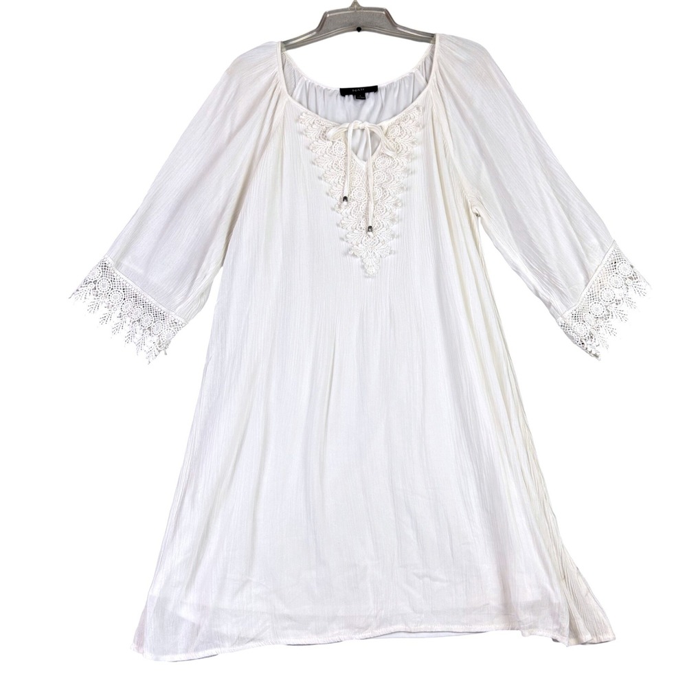 Naif Womens L White Tunic Dress Crochet Lace V-Neck Boho Crinkle Gauze Cottage - Picture 1 of 10